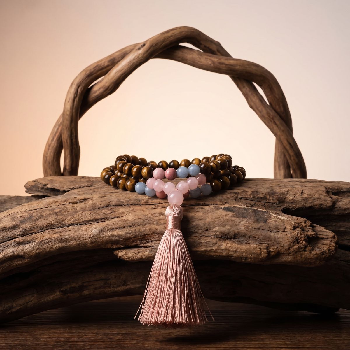 Inner Loop 108er Mala-Kette aus Rosenquarz und Tigerauge mit Quaste