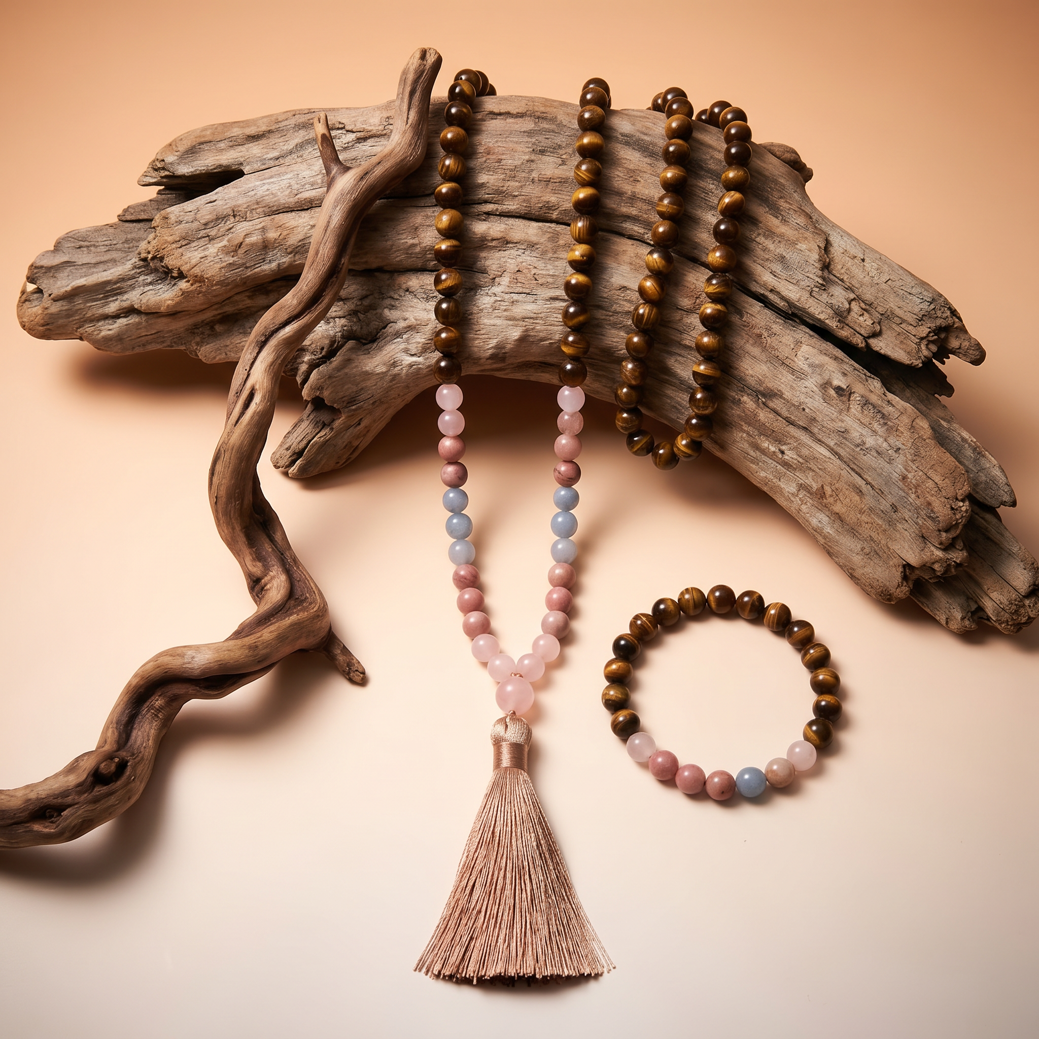 Inner Loop Mala-Armband Detail Rosenquarz Tigerauge Perlen